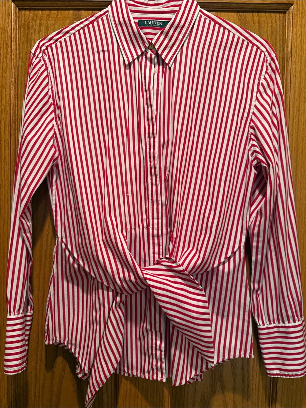 Lauren Ralph Lauren Red and White Striped Button-Down Tye Front Shirt